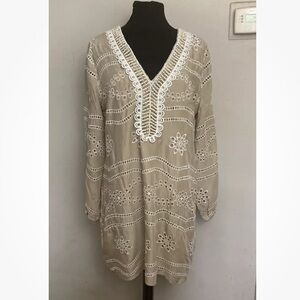 3-7 Boston Proper Beige Dress eyelet Beaded Large NWT